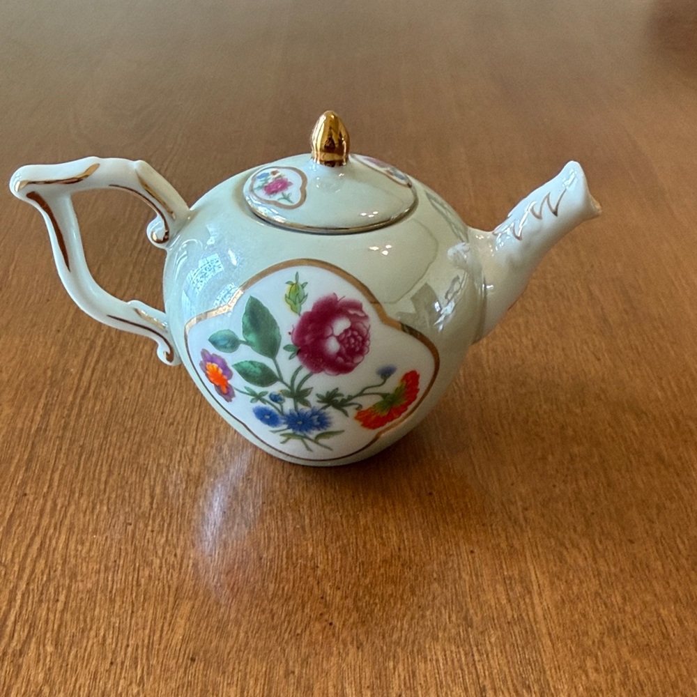 Vintage Floral Porcelain Mini Teapot with Gold Accents